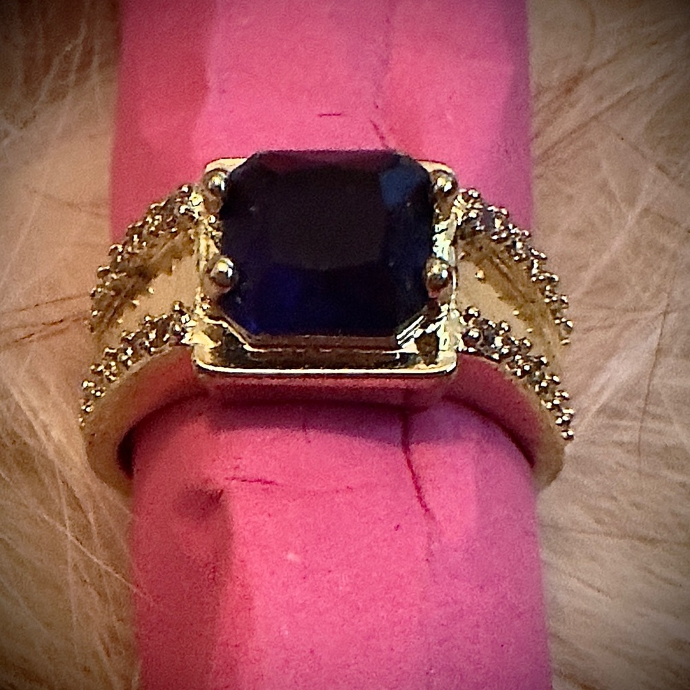 Men’s sapphire, gold tone faux diamond ring